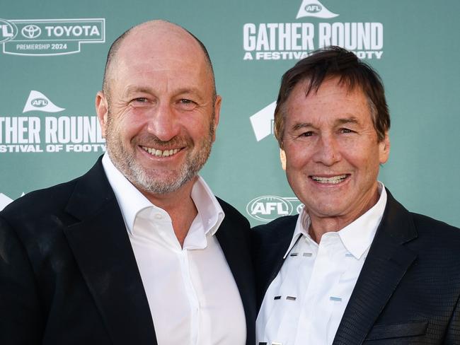 ADELAIDE, AUSTRALIA – APRIL 03: Jeff Browne and Craig Kelly pose for a photo before the 2024 AFL Gather Round Welcome Dinner Event at Glenelg Foreshore on April 03, 2024 in Adelaide, Australia. (Photo by Dylan Burns/AFL Photos via Getty Images)