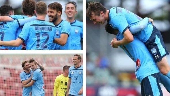 Young Sydney FC gun Calem Nieuwenhof celebrating his stunning goal on debut. .