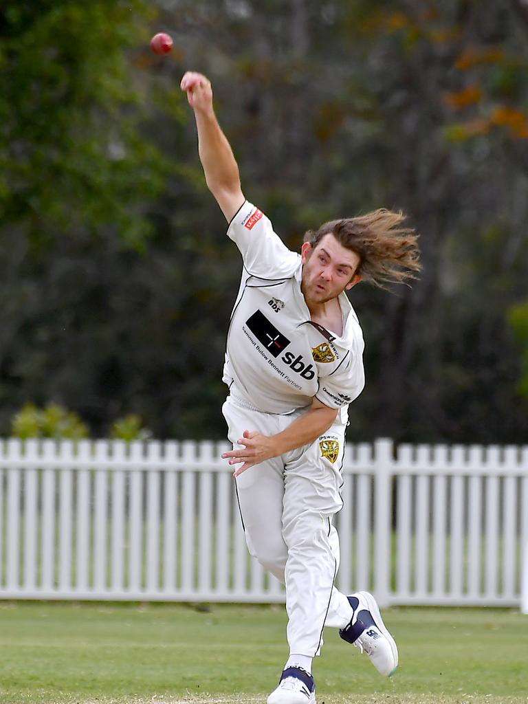 University bowler Harry Wood University v Ipswich in the Sci-Fleet first grade competition. Saturday October 1, 2022. Picture, John Gass