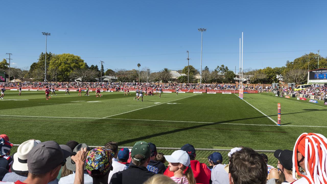 More than 7000 fans support their team when the Dragons take on the Roosters as Toowoomba hosts an NRL round at Clive Berghofer Stadium, Sunday, August 22, 2021. Picture: Kevin Farmer