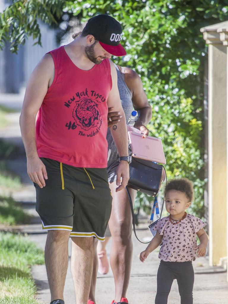 Serena Williams and her husband Alexis Ohanian enjoy an afternoon walk with their 1-year-old daughter Alexia Olympia. Serena's daughter looked seriously cute, toddling her way down the footpath, wearing Nike sneakers like her Mummy. Picture: MediaMode 