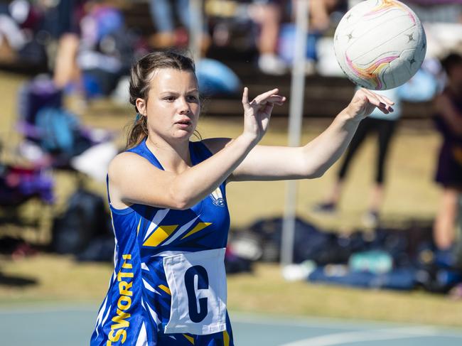 Chelsea McGrath for Pittsworth SHS in a Vicki Wilson Cup Darling Downs round at Nell E Robinson courts. Picture: Kevin Farmer