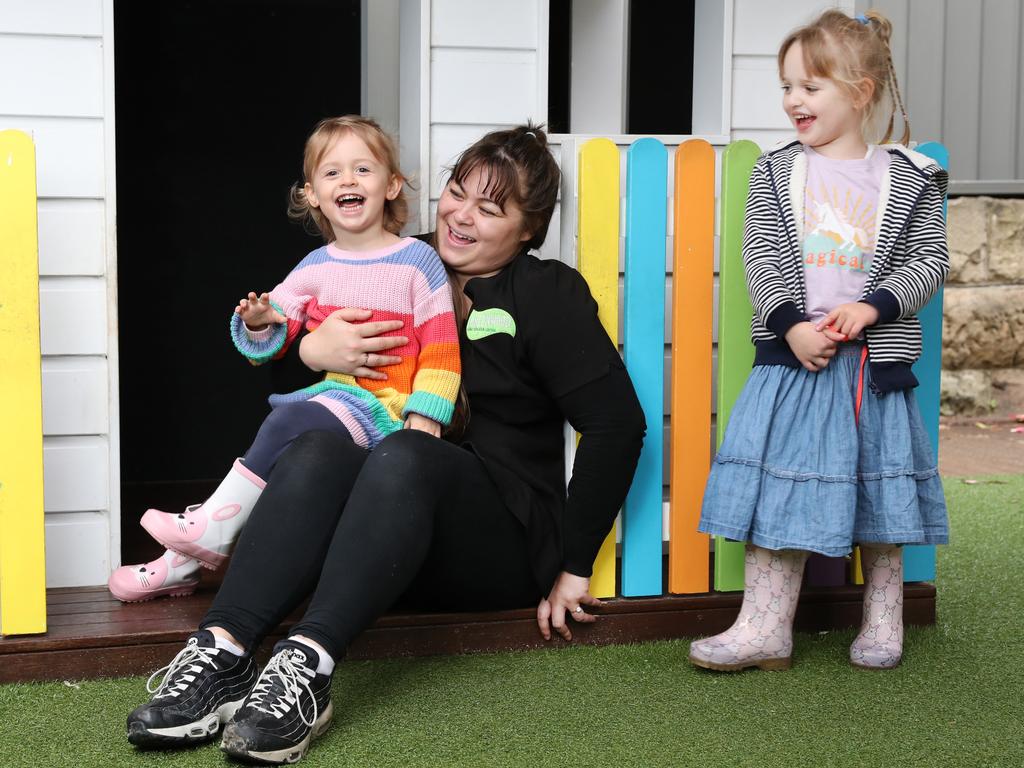 Educator Angela Castro with preschoolers Lola and Violet. Centres like this one in Waverley are incredibly sought after. Picture: Richard Dobson