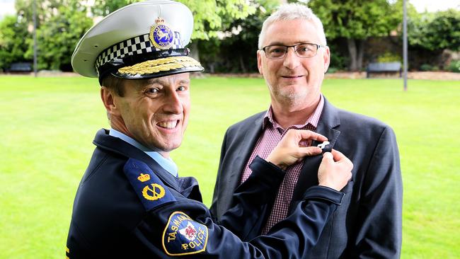 Tasmania Police Commissioner Darren Hine, left, and Mission Australia state director Noel Mundy prepariing for today’s White Ribbon Walk. Picture: SAM ROSEWARNE