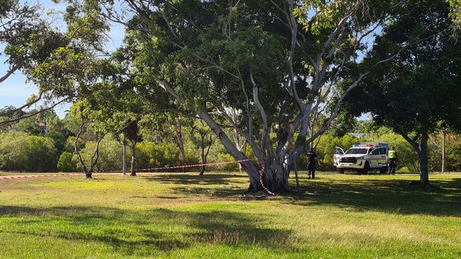 Police swarmed Bundilla Beach north of Darwin’s CBD on Wednesday morning. Picture: Thomas Morgan