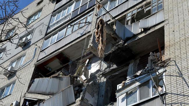 A flat in a multistorey residential building is destroyed as a result of Russian shelling on the northern outskirts of Kharkiv. Picture: AFP.