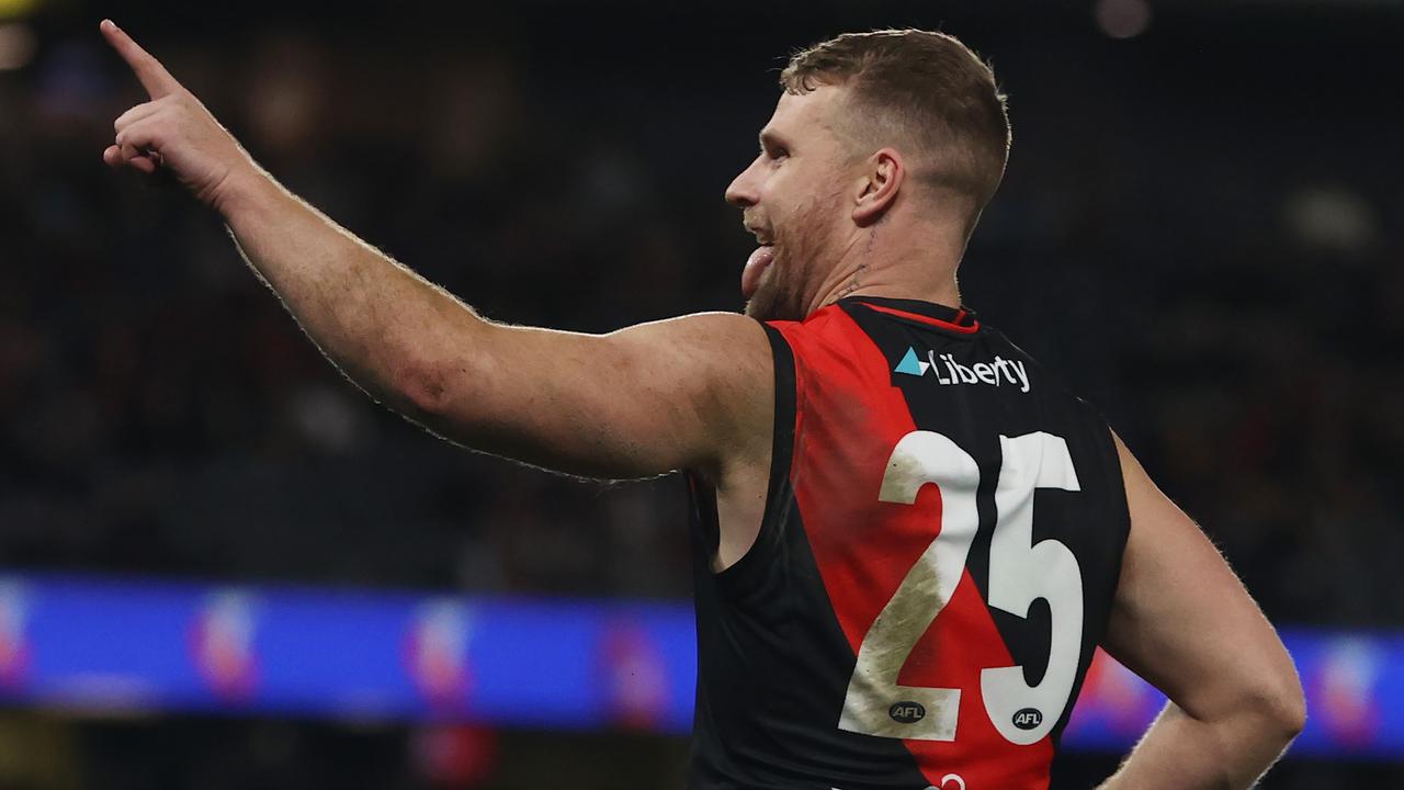 MELBOURNE - July 9 : AFL. Jake Stringer of the Bombers after kicking a goal from the pocket 4th qtr during the round 17 AFL match between Essendon and Adelaide at Marvel Stadium on July 8, 2023. Photo by Michael Klein.