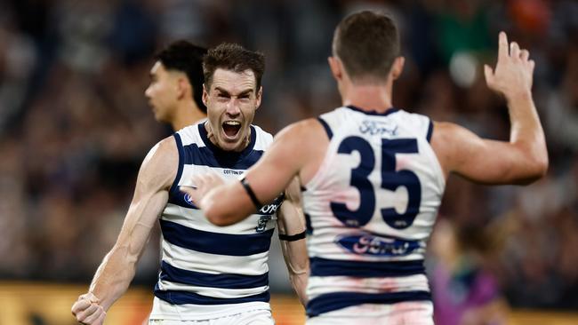 GEELONG, AUSTRALIA - MARCH 16: Jeremy Cameron (left) and Patrick Dangerfield of the Cats celebrate during the 2024 AFL Round 01 match between the Geelong Cats and the St Kilda Saints at GMHBA Stadium on March 16, 2024 in Geelong, Australia. (Photo by Michael Willson/AFL Photos via Getty Images)