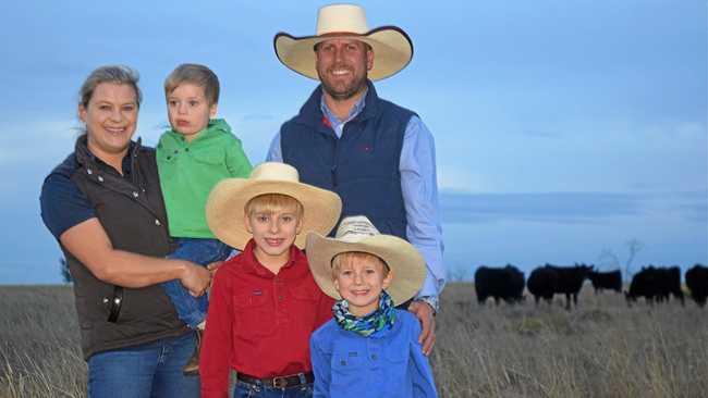 HAVEN FARMING: Louise and Greg McMahon with their three gorgeous sons Vincent, Mitchell and Hugo on their Chinchilla angus cattle property. Picture: Kate McCormack