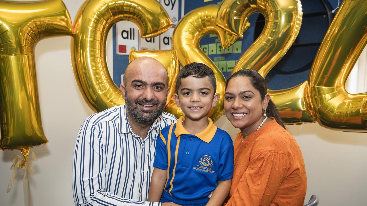 Toowoomba Grammar School Prep student Armaan Jammu with parents Jasvinder and Preet Jammu on the first day of school, Tuesday, January 23, 2024. Picture: Kevin Farmer