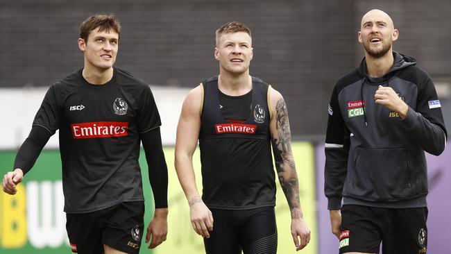 Darcy Moore, Jordan De Goey and Ben Reid during Collingwood training last year. Picture: AAP Image/Daniel Pockett