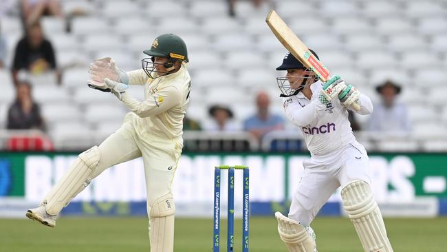 England’s Tammy Beaumont was just as good, finishing not out 100 at stumps. Picture: Gareth Copley/Getty Images