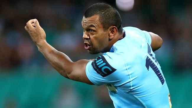 Waratahs fullback Kurtley Beale kicks against the Rebels on Saturday night. Picture: Getty Images
