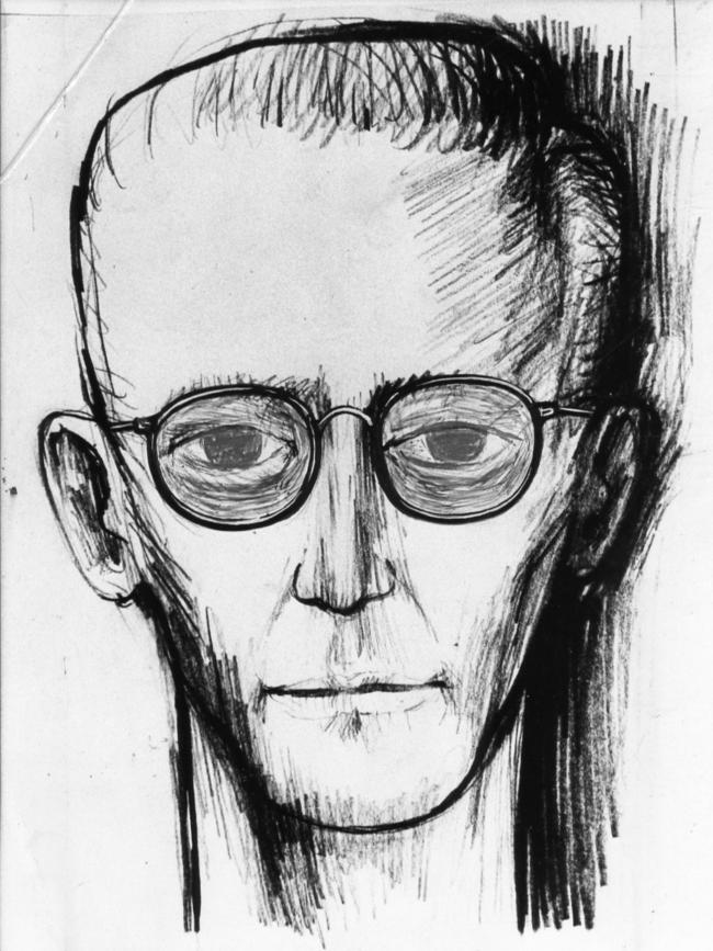 Tinted glasses superimposed on the sketch of a man wanted for questioning in connection with the disappearance of the three Beaumont children drawn for the police by "The Advertiser" staff artist Peter von Czarnecki on April 19 1966. Picture: On file