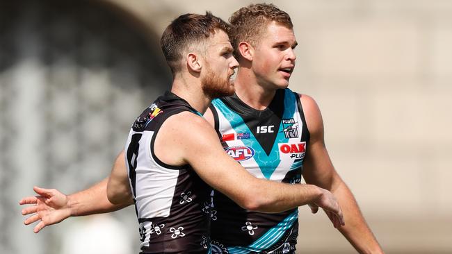 Robbie Gray (left) and Dan Houston celebrate during the 2019 AFL match against St Kilda in Shanghai. Picture: Michael Willson/AFL Photos