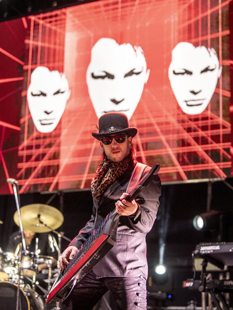 Matty Ray from Pseudo Echo plays keytar at the Toowoomba Carnival of Flowers Festival of Food and Wine. Saturday, September 10, 2022. Picture: Nev Madsen.