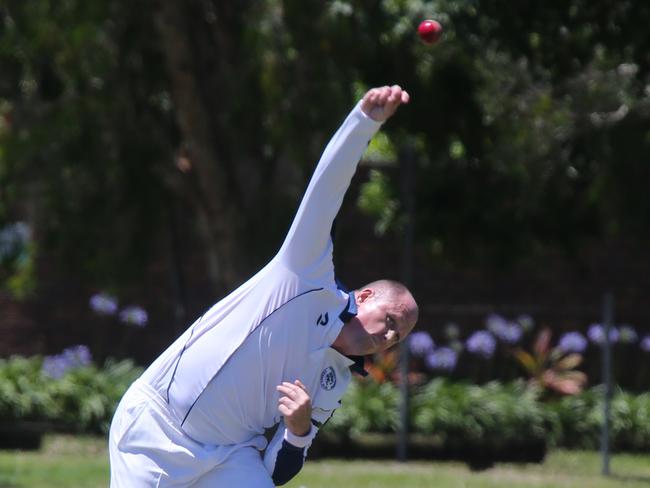 Gold Coast cricket, FIRST GRADE: Broadbeach v Runaway Bay at Broadbeach Cricket Club. runaway Bay Batsman.BroadBeach Fielder. Conan SternbergPic Mike Batterham