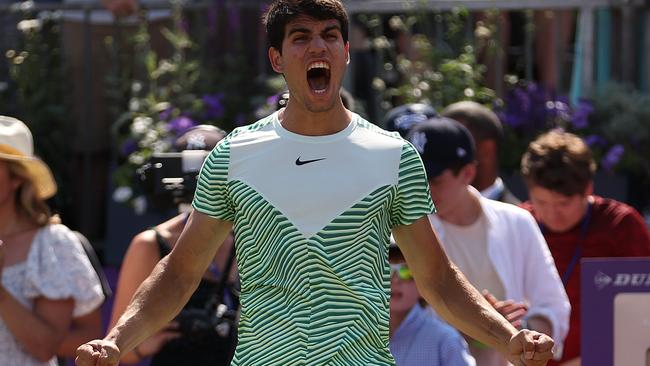 Carlos Alcaraz celebrates defeating Alex De Minaur in the final at The Queen's Club. Picture: Getty Images