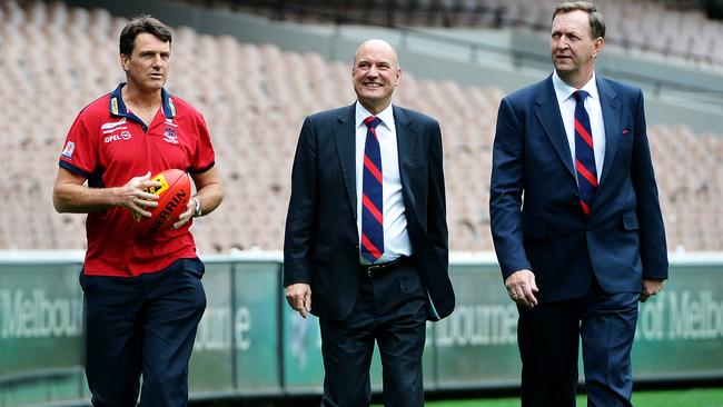 Paul Roos announcement as new Melbourne coach. New Melbourne Coach Paul Roos, CEO Peter Jackson and Melbourne President Glen Bartlett.