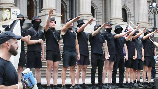 Protest groups face off in front of the Victorian Parliament where Kellie-Jay Keen spoke on Saturday. Picture: NCA NewsWire/David Crosling