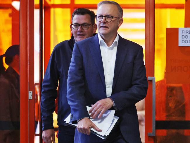 Anthony Albanese pictured talking to media in Box Hill today to announce a $2 billion promise to the Victorian government for future infrastructure. Victorian Premier Dan Andrews on left. Picture: Sam Ruttyn