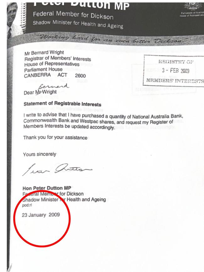 Peter Dutton's statement of Registrable Interest dated January 23, 2009