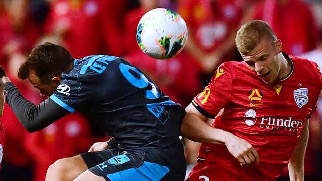 ADELAIDE, AUSTRALIA - OCTOBER 11: Jordan Elsey of Adelaide United competes with Adam Le Fondre of Sydney FC during the round one A-League match between Adelaide United and Sydney FC at Coopers Stadium on October 11, 2019 in Adelaide, Australia. (Photo by Mark Brake/Getty Images)