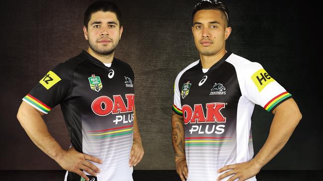 Chris Grevsmuhl and Dean Whare launch the new Penrith Panthers jersey for 2017.