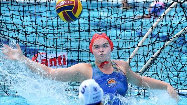 Gold Coast goalie Isabel Lumley stops the ball.. Picture, John Gass