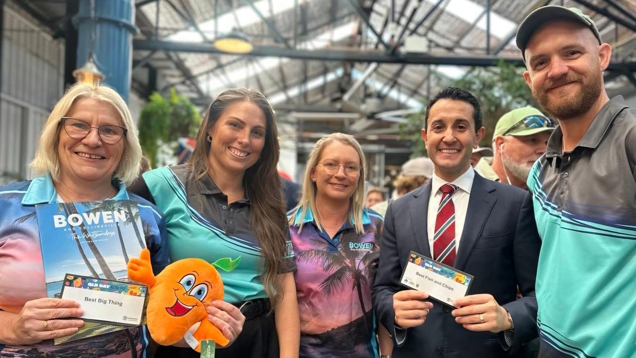 Manager of Bowen Tourism and Business, Leanne Abernethy; Chloe Bauer of Birds Fish Bar; Chair of Bowen Tourism and Business, Jenn Honnery; Premier David Crisafulli and Sean Macdonald of Birds Fish Bar. Photo: Contributed
