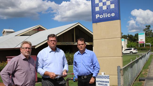 Coomera MP Michael Crandon, Opposition police spokesman Trevor Watts MP and Theodore MP Mark Boothman outside Coomera police station. Photo: Supplied.