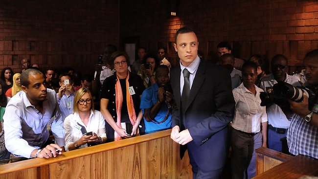 Olympic athlete, Oscar Pistorius , in court Friday Feb. 22, 2013 in Pretoria, South Africa, for his bail hearing charged with the shooting death of his girlfriend, Reeva Steenkamp. The defense and prosecution both completed their arguments with the magistrate soon to rule if the double-amputee athlete can be freed before trial or if he must stay behind bars pending trial. (AP Photo)