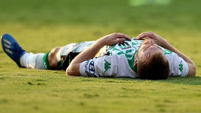 Western United forward Connor Pain looks dejected during the match against Newcastle Jets played in heatwave conditions Picture: Getty Images