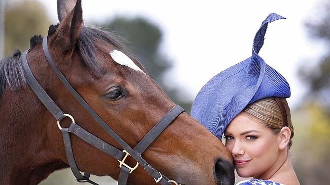 Cup runner Voleuse de Coeurs and Kate Upton become instant friends at a preview shoot for Emirates Melbourne Cup Day at Newminster Stables Werribee Racecourse. Photo: David Caird