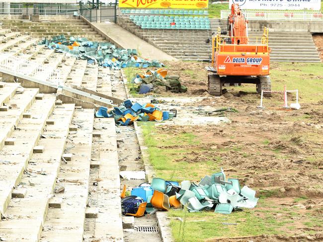 The seats pulled out and the playing surface torn up.