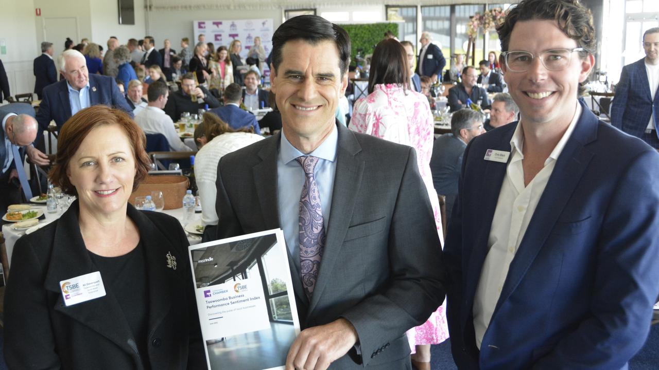 Revealing the launch of the Toowoomba Business Sentiment Index report at Clifford Park are (from left) TSBE CEO Ali Davenport, Chamber of Commerce vice-president Chris Black and leading demographer and social commentator Mark McCrindle.