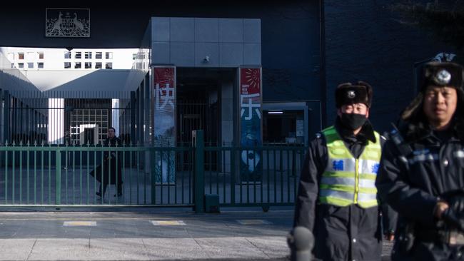 Chinese police on patrol outside the Australian embassy in Beijing. Picture: AFP