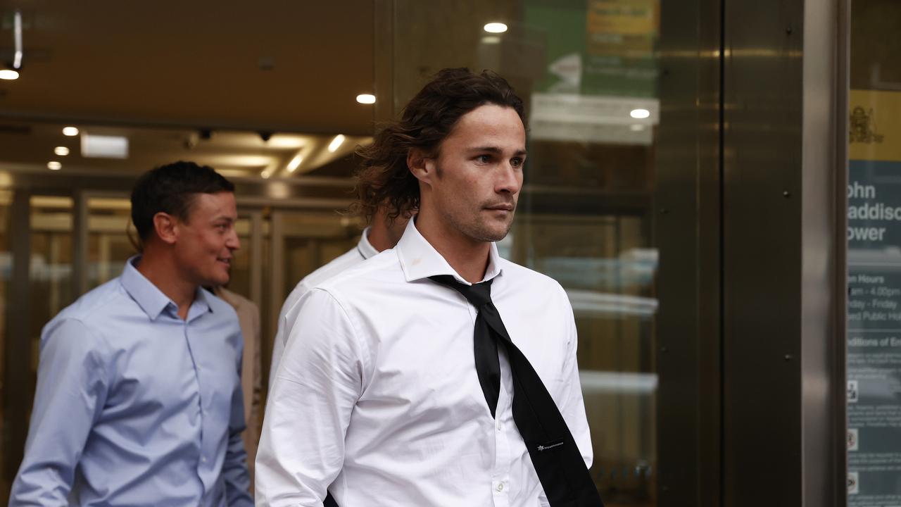 NRL star Nicho Hynes leaving the JMT District court where his mother appeared on charges for her involvement in a heroin ring. Picture: Jonathan Ng