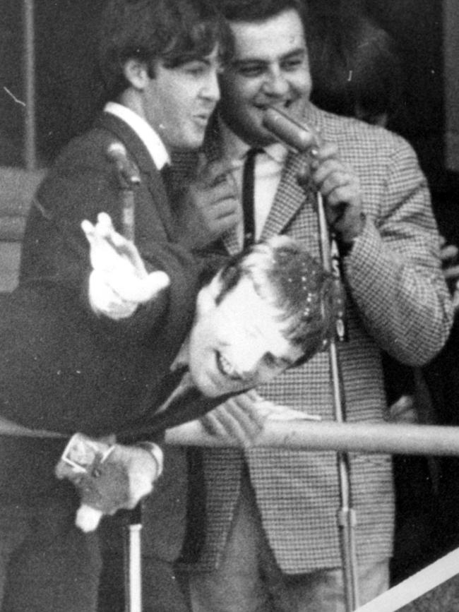 Radio presenter Bob Francis with Paul McCartney and Jimmie Nicole on the balcony of Adelaide Town hall on Friday, June 12, 1964. Picture: Advertiser Library