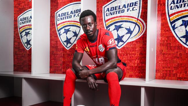 Baba Diawara in the United changerooms at Coopers Stadium. Picture: Sarah Reed