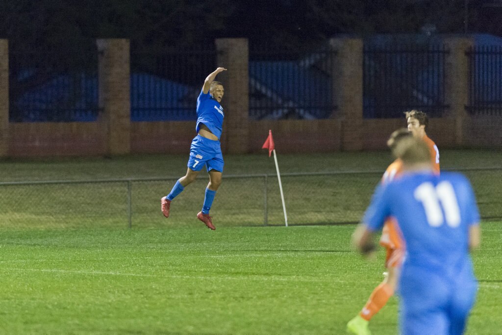 Travis Cooper celebrates his goal for South West Queensland Thunder against Cairns FC in NPL Queensland men round 26 football at Clive Berghofer Stadium, Saturday, August 25, 2018. Picture: Kevin Farmer