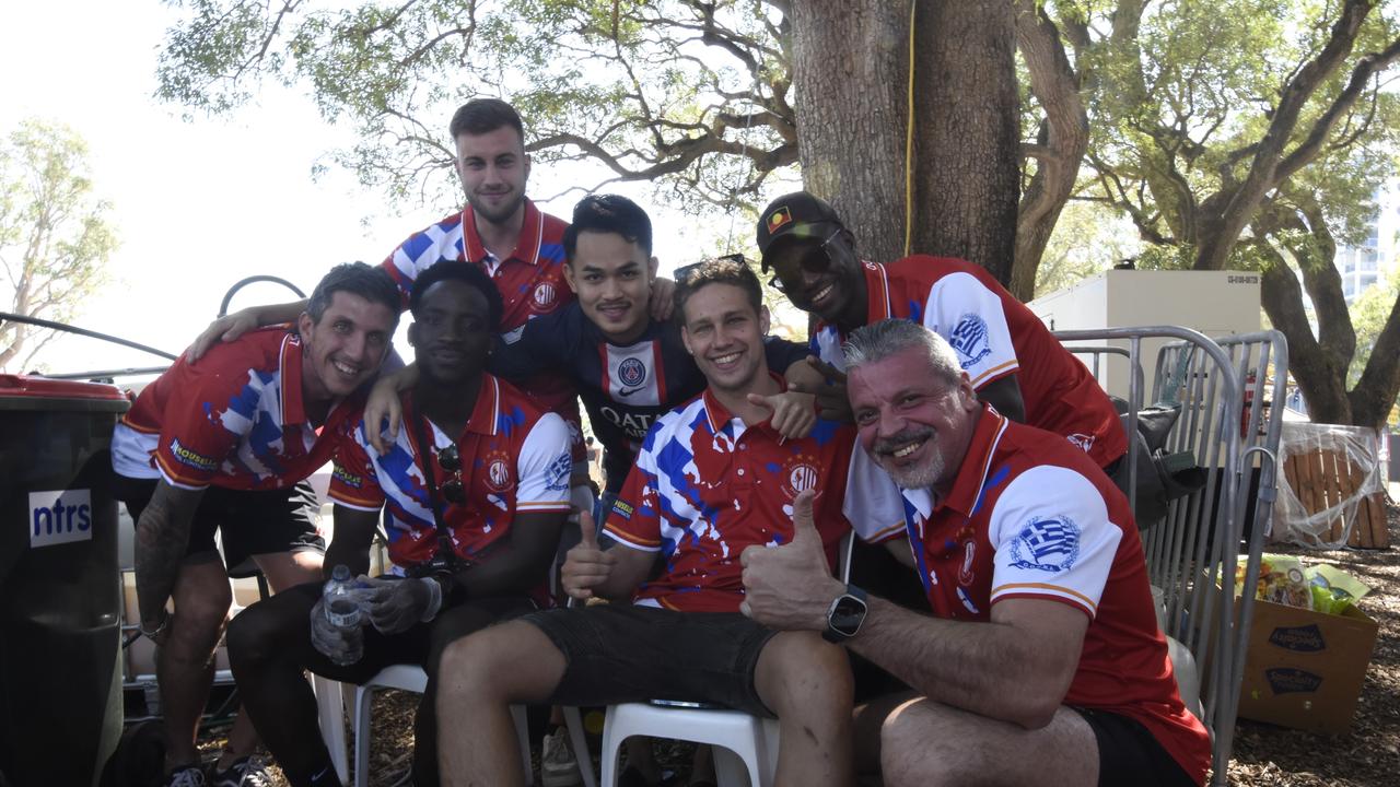 Daniele Ferri, Larry Niyukuri, Ponloue Yin, Samuel Kawana and Jim Simisakaki at Darwin's 2024 Greek GLENTI festival.
