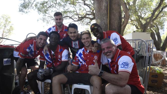 Daniele Ferri, Larry Niyukuri, Ponloue Yin, Samuel Kawana and Jim Simisakaki at Darwin's 2024 Greek GLENTI festival.