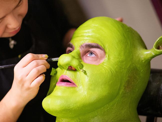 Behind the scenes of Shrek in Melbourne at Her Majesty's Theatre and the process of `going green' for actor Ben Mingay. Picture: Mark Stewart