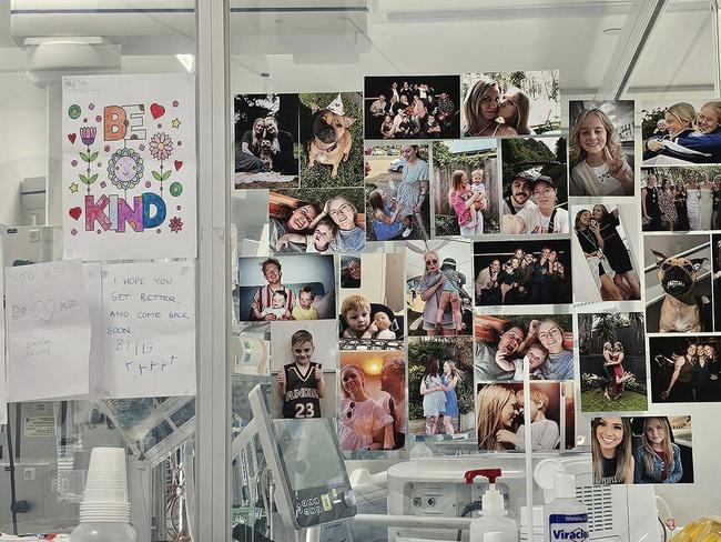 Ashley’s family decorated her hospital room with photos of her friends, family and kind messages from her clients. Picture: Facebook.