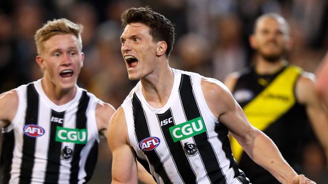 Brodie Mihocek celebrates a goal during Collingwood’s preliminary final win over Richmond last year. Picture: Michael Willson/AFL Media/Getty Images.