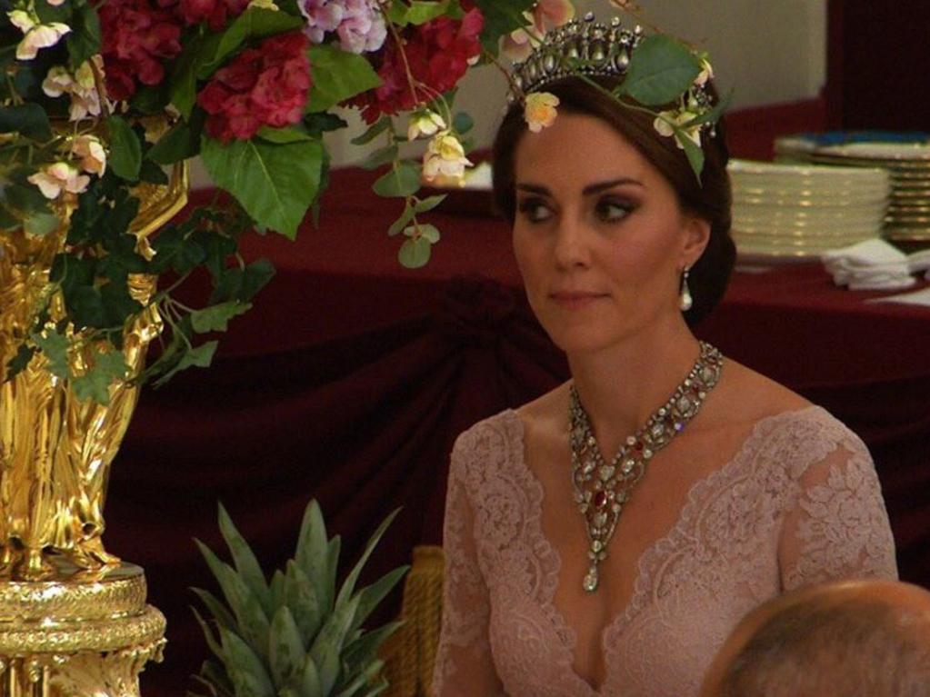 Kate wearing the extravagant Greville ruby and diamond necklace at a state banquet at Buckingham Palace. Picture: @KensingtonRoyal/Twitter