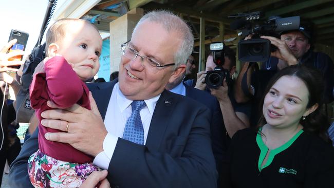 Prime Minister Scott Morrison met Bianca and baby Ruby, who bought their first property 18 months ago. Picture: Alex Coppel