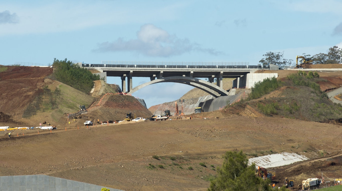 The dual arch bridge allowing the New England Highway to pass 30 metres above the Toowoomba Second Range Crossing. Friday, 19th Oct, 2018. Picture: Nev Madsen