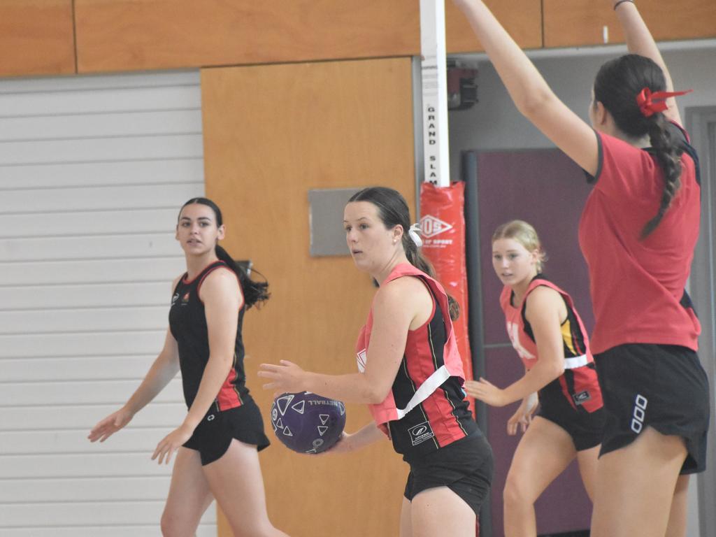 Former Australian Diamonds star Sharni Norder running coaching clinics for Rockhampton Grammar School netball teams, Saturday, March 11, 2023.